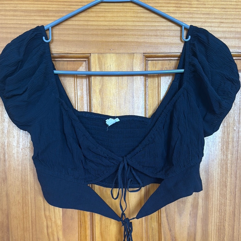 Garage Blue Puff Sleeve Crop Blouse